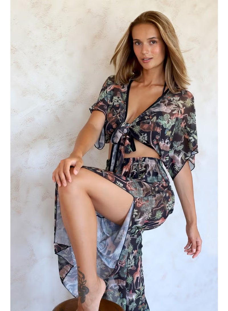 Hamur Dough Beach Pantalon Pareo Summer Closed Slit Elastic Chiffon Tulle Fabric High Waist Woods Black - Image 1